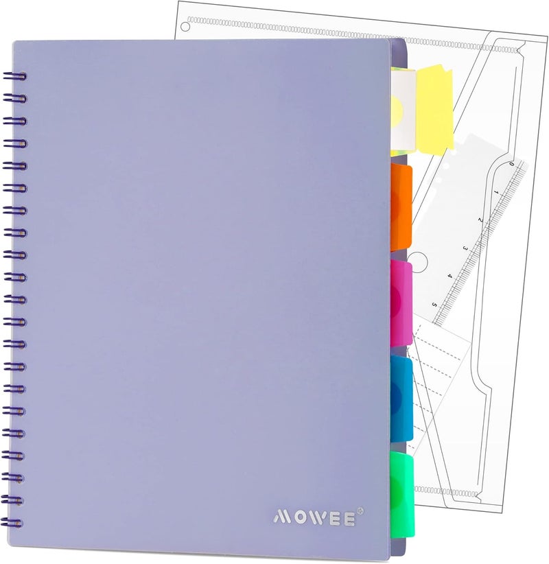 MOWEE 5 Subject Notebook - Spiral Notebook, College Ruled Notebook With Dividers Pocket, Tabs, 11" Ruler, 200 Pages, for Writing Journal, Home & Office, School Supplies, 8.5''x11'' Violet - Image 1